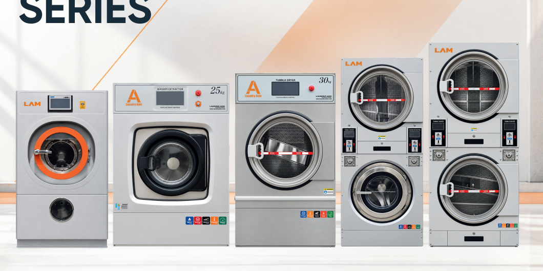 Laundry Aide commercial washers and tumble dryers in multiple capacities on a white background